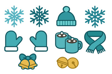 Set of flat design winter holiday symbols including snowflakes, warm apparel, hot cocoa, and festive bells