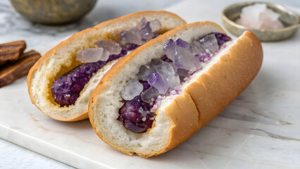 Two delicious hot dogs filled with purple cabbage and ice
