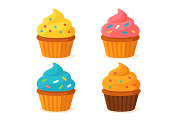Four sweet dessert cupcakes with vibrant frosting and decorative sprinkles