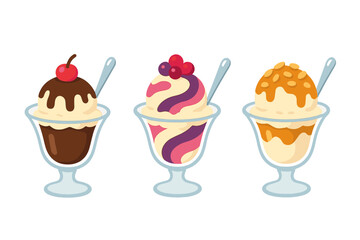 Three colorful ice cream sundaes served in glass cups with chocolate, caramel, and berry toppings