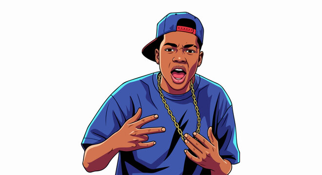 Excited rapper in blue shirt making a gesture in front of white background, rapper with cap. Expressive rapper with chain necklace singing on stage. Concept rapper for poster.
