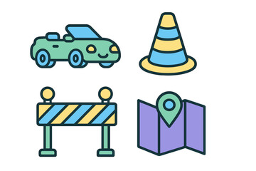Colorful icons set featuring car, traffic cone, barricade, and location map symbols