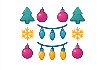 Colorful Christmas holiday decorative ornaments string lights snowflakes and pine trees