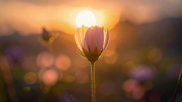 Single delicate flower swaying gently at sunset or sunrise. Natural beauty, serene atmosphere, and peaceful outdoor backlight concept.
