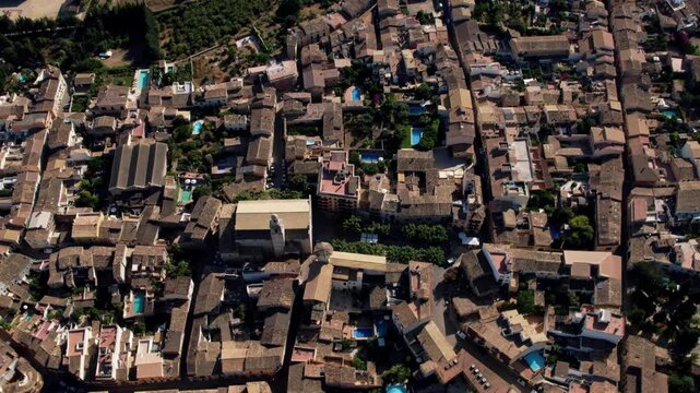 Mallorca, Spain &mdash; aerial view of a Mediterranean town with terracotta rooftops and narrow streets