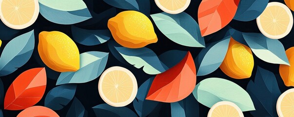 Vibrant lemon and leaf composition with colorful accents for fresh decor and design.