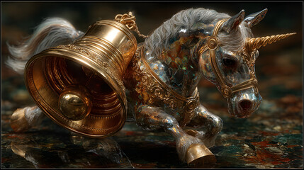 Unicorn Flying Past Golden Christmas Bell – Luxurious Fantasy Holiday Illustration