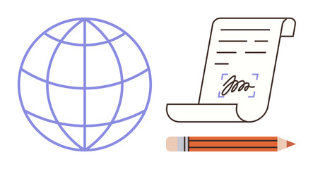 Earth grid representing global connectivity, digital contract with signature, and pencil. Ideal for business, agreement, international communication, online workflow, globalization, legal services