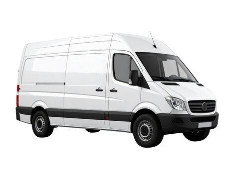 Side view of a white sprinter van with black trim parked in a studio shot, White cargo panel van side view, commercial vehicle mockup for branding Isolated on transparent background.