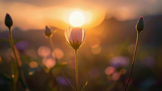 Single delicate flower swaying gently at sunset or sunrise. Natural beauty, serene atmosphere, and peaceful outdoor backlight concept.