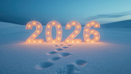 Illuminated Numbers 2026 on Snowy Landscape Celebrating the Upcoming New Year