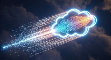 Digital cloud with glowing circuitry and light trails floating in a dark sky