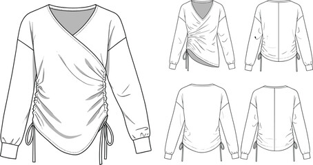 Women's wrap top fashion sketch, ruched side detail, long sleeve technical drawing, asymmetrical hem, garment design, apparel illustration, vector