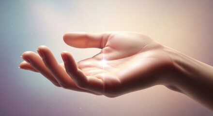 Light emanating from an open hand against a soft, ethereal background at dawn