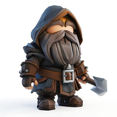 A stylized, cartoonish dwarf warrior wearing a hooded cloak and holding a hammer.