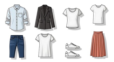 Naklejka premium Fashionable Clothing Collection - Shirt, Blazer, T-shirts, Jeans, Skirt, Sneakers.