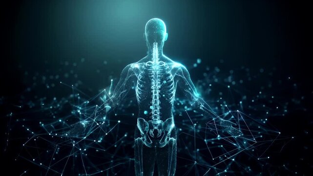 3D rendered digital artwork of a human skeleton with glowing blue lines and dots, set against a dark background with a bokeh effect. The skeleton is depicted in a relaxed pose.