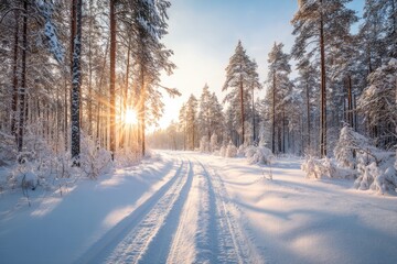 Snow covered forest path illuminated by golden sunrise in tranquil winter morning, ideal for seasonal greeting designs, travel promotions, and peaceful landscape backgrounds