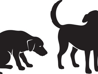 Fototapeta premium Two black silhouettes of dogs one sniffing and one with tail raised