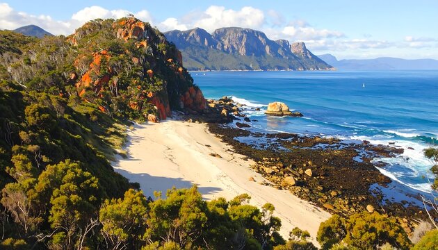 A sunlit coastal scene with a sandy beach, rocky shoreline, lush vegetation, and distant mountain range