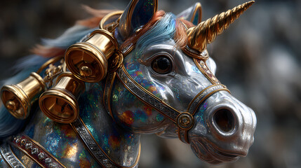 Unicorn Flying Past Golden Christmas Bell – Luxurious Fantasy Holiday Illustration