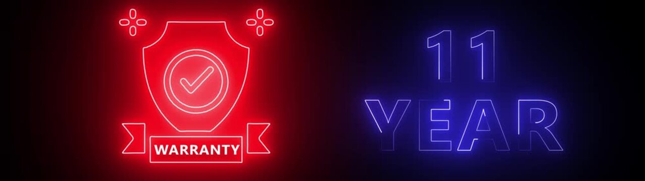 Split Screen Neon Red Warranty Shield and Neon Blue 11 Year Text on Black Background eleven