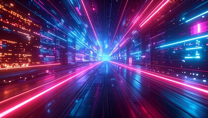 Immersive futuristic digital pathway adorned with vibrant blue and pink neon lights, symbolizing high-speed data flow within a virtual reality network or cybernetic landscape