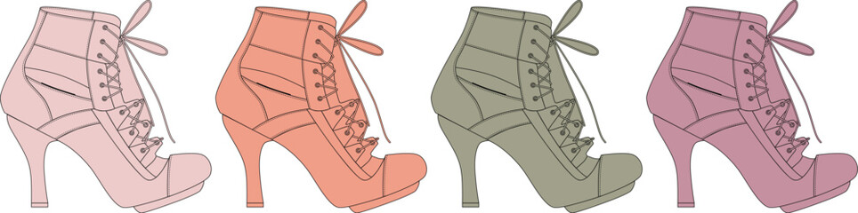 Collection of four fashion-forward high-heeled sneaker boots in a vibrant array of colors soft pink, warm orange, subtle green, and elegant purple, perfect for adding a playful and chic touch