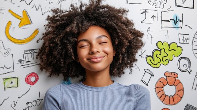 confident young woman with brainstorm sketches behind her branding creativity innovation imagination thinker happiness smile concept - Powered by Adobe