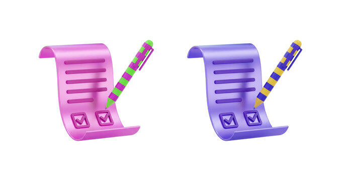 Checklist documents with marked tasks symbolizing successful completion survey form and official contract agreement 3D render.