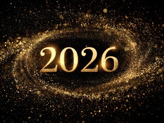 Golden 2026 text with sparkling particles on black background