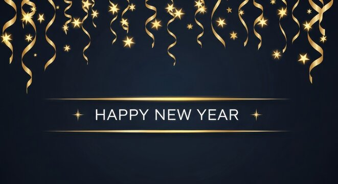 Festive golden decorations celebrate the arrival of a joyful New Year in a celebratory atmosphere