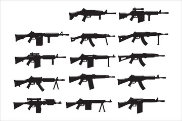 Collection of various assault rifles machine guns in black silhouette style