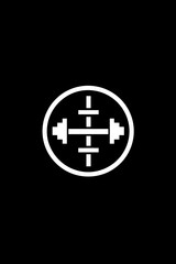 Obraz premium Minimalist Strength Training Icon: White Barbell and Target Symbol in Circular Frame on Black Background, Fitness Graphic.