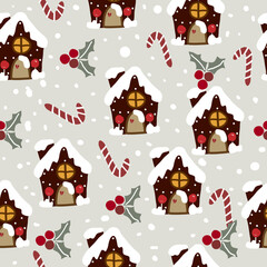 Seamless Christmas pattern with house of cookies, candy canes and holly. Use for wallpaper, textiles and prints, Christmas house pattern.
