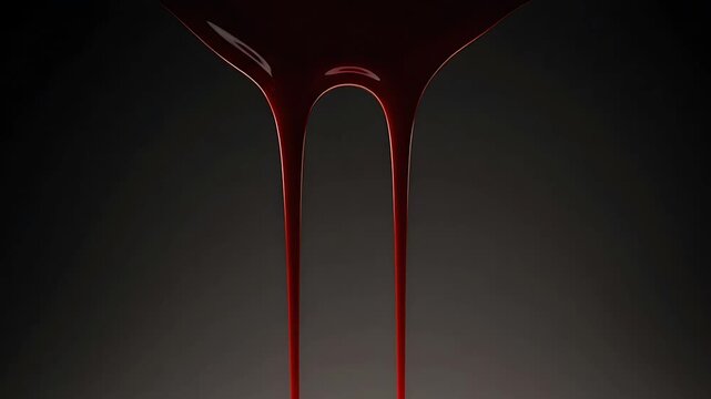 Dramatic slow motion of thick crimson fluid dripping against a dark gray background creates a