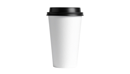 White disposable paper coffee cup with lid. To go beverage mockup for cafe Isolated on transparent background, PNG. Isolated white paper cup with a black plastic lid in a studio setting PNG bg. 
