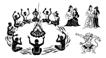 Naklejka premium Hindu Ritualistic Scene with Figures and Hanuman Illustration