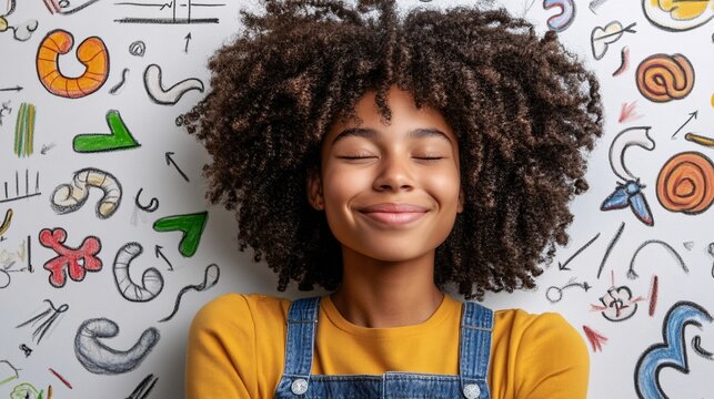 joyful young woman with curly hair and educational sketches in background