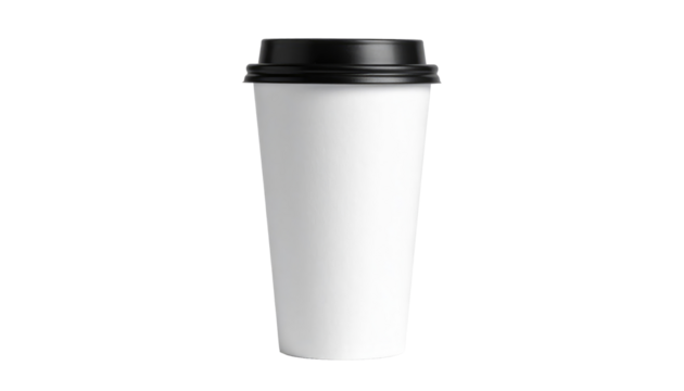 White disposable paper coffee cup with lid. To go beverage mockup for cafe Isolated on transparent background, PNG. Isolated white paper cup with a black plastic lid in a studio setting PNG bg. 
