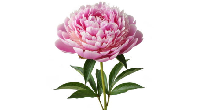 Lush pink peony blossom with green stalk and leaves delicate floral detail isolated on transparent background