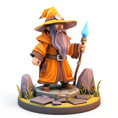 Stylized wizard figurine with staff on a stone base.