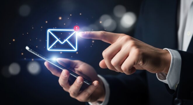 Digital Email Notification: Hand Touching Glowing Envelope Icon with Unread Message Count for Modern Communication and Instant Access