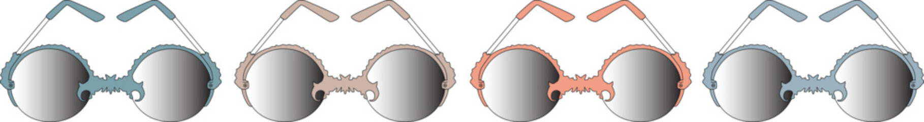 A collection of colorful eyeglass icons representing different styles, vision correction choices, and personal fashion