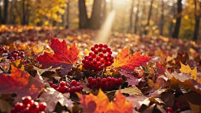 Autumn Leaves and Berries in Forest - A close-up shot showcases vibrant red rowan berries and colorful maple leaves scattered across the forest floor.