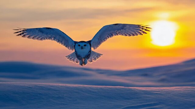 Snowy owl flying majestic wings spread arctic sunset golden hour winter landscape bird flight 4K Ai HD video.	
