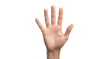 Open hand showing five fingers raised up against a dark backdrop isolated on transparent background