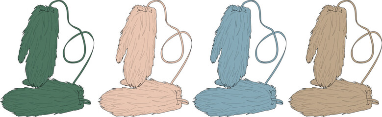Abstract illustration of four colorful mittens with cords in various shades, artistic design