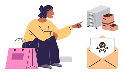 Woman seated with shopping bags, pointing at an envelope with a skull icon. Filing cabinet and boxes represent storage or office spaces. Ideal for cybersecurity, online shopping, fraud detection