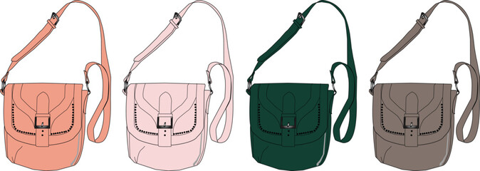Vector collection of a women's crossbody handbag shown in four different colorways. Fashionable purse accessory flat sketch illustration set